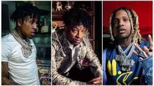 A triptych showing three rappers: NBA Youngboy (left) in a white t-shirt, 21 Savage (center) in a snakeskin-patterned jacket, and Lil Durk (right) in a blue top with large chains.