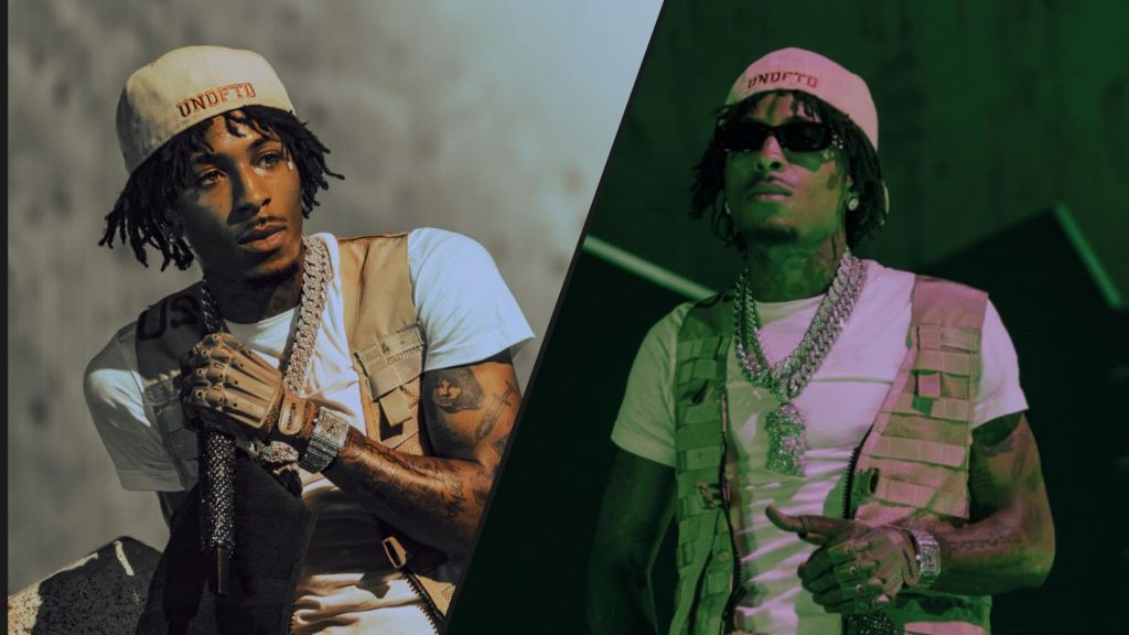 NBA YoungBoy wearing a beige cap and tactical vest in a split-screen image, with one side in warm lighting and the other in green stage lighting.