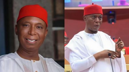 Side-by-side photos of Senator Ned Nwoko wearing a red cap and white attire. One image shows him smiling in a portrait setting, while the other captures him speaking during a Senate session