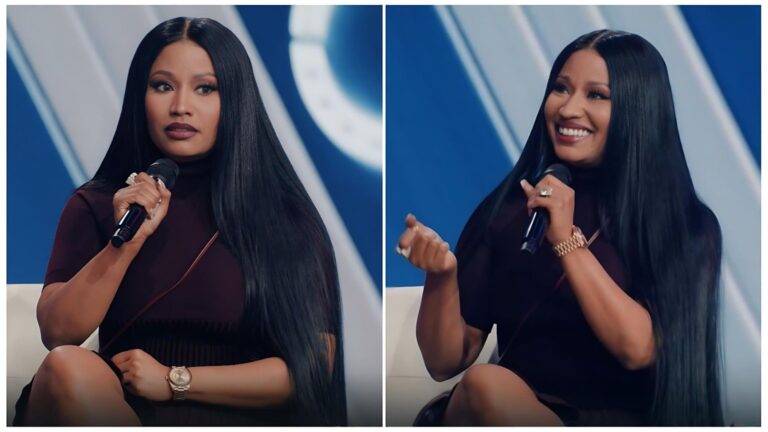 Split-image collage of rapper Nicki Minaj during an interview—left: serious expression while holding a microphone, wearing a dark ribbed top and gold watch; right: smiling broadly and gesturing with her hand while speaking into the microphone, against a blue and white abstract studio backdrop.