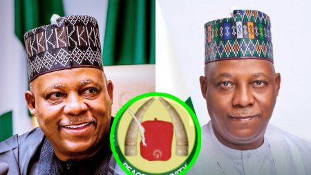A side-by-side collage showing Nigeria’s Vice President Kashim Shettima. On the left, he is smiling while wearing a black traditional cap and dark outfit with the Nigerian flag blurred behind him. On the right, he appears in a lighter outfit with a multi-coloured traditional cap, facing the camera with a calm expression. At the centre bottom of the collage is a circular emblem featuring two elephant tusks and a red cap.