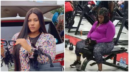 Side-by-side photos of Nollywood actress Nkechi Blessing Sunday; the first shows her posing outdoors in a colourful top while holding sunglasses, and the second shows her sitting on a gym bench in a purple workout top and patterned leggings.