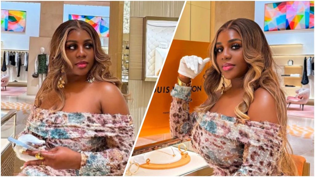 A side-by-side image of Nigerian comedian and skit maker Nons Miraj (Ada Ebere) inside a luxury store, likely Louis Vuitton, indicated by the branding in the background. She is wearing an off-the-shoulder, textured floral or animal print top. In the right-hand image, she is wearing a white glove and posing near a display.