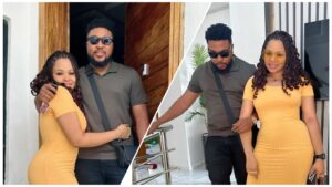 A split image featuring Nigerian actor Nosa Rex (wearing a dark polo shirt and sunglasses) and his wife, Deborah Nosa-Rex (wearing a fitted yellow dress and sunglasses), posing together. In both shots, Nosa Rex has his arm around her.