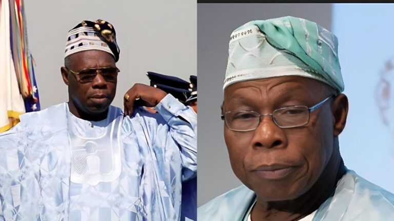 Two side-by-side photos of former Nigerian President Olusegun Obasanjo wearing traditional attire and caps, one showing him standing outdoors with sunglasses and the other showing a close-up portrait of him indoors.