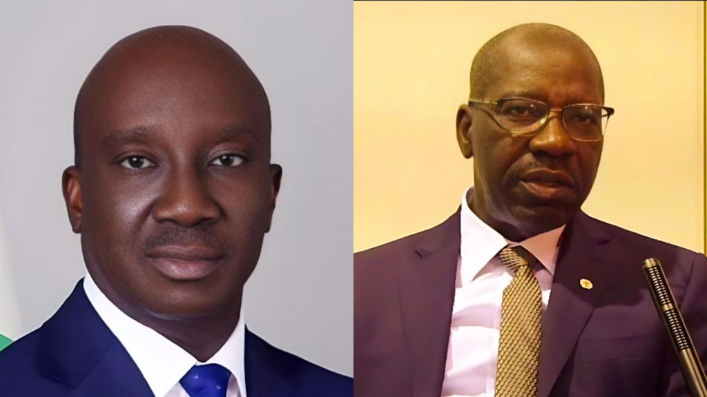 Side-by-side photos of Governor Monday Okpebholo and former Edo State governor Godwin Obaseki, both dressed in suits and looking directly toward the camera.