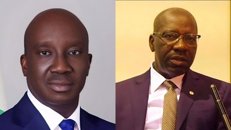 Side-by-side photos of Governor Monday Okpebholo and former Edo State governor Godwin Obaseki, both dressed in suits and looking directly toward the camera.