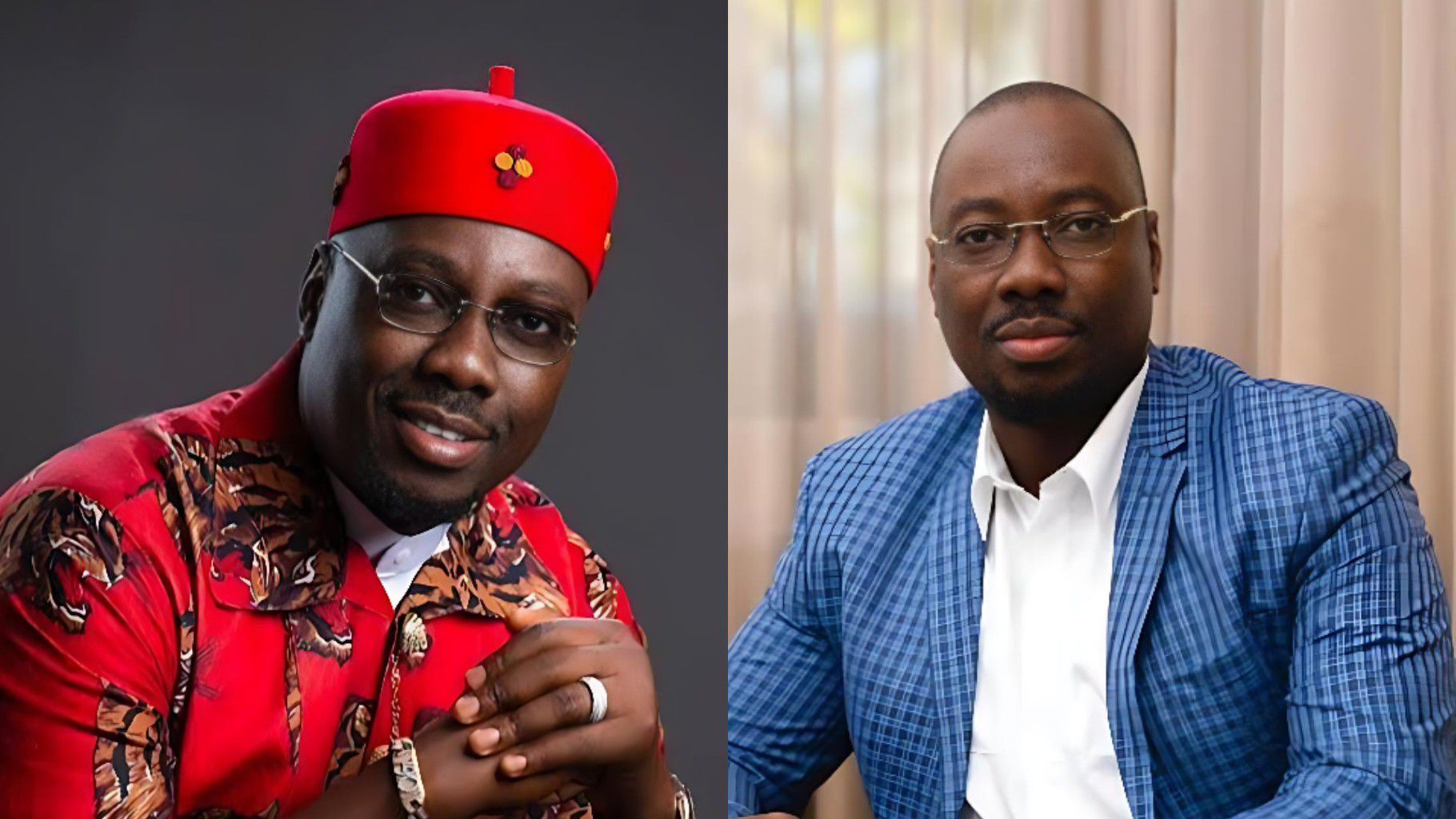 “Side-by-side portraits of Nigerian businessman Obi Cubana. Left image shows him wearing a red Igbo cap and patterned outfit, smiling with hands clasped. Right image shows him in a blue checked suit and glasses, seated indoors against beige curtains.”