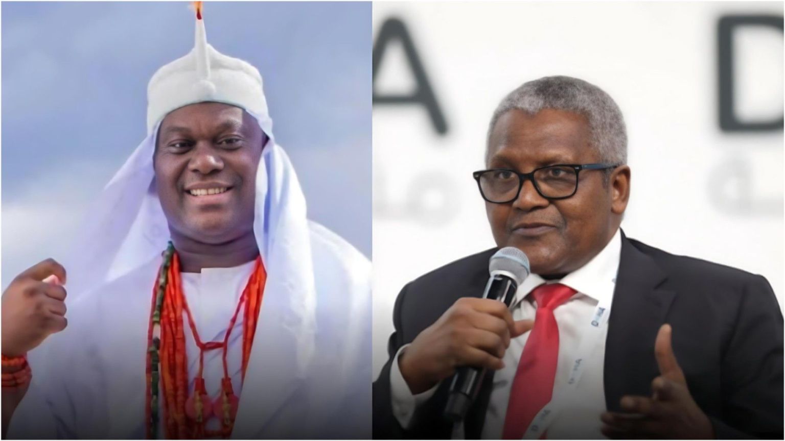 A side-by-side composite image comparing two prominent African figures: on the left, the Ooni of Ife, Oba Adeyeye Enitan Ogunwusi (Ọjájá II), dressed in traditional Yoruba royal attire including a white robe, tall conical crown with a protruding tip, and multiple strands of red coral beads around his neck, smiling and gesturing; on the right, Nigerian billionaire businessman Aliko Dangote wearing a dark suit, white shirt, red tie, and glasses, holding a microphone and giving a thumbs-up gesture against a backdrop with partial lettering.