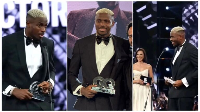 A three-panel collage showing Nigerian footballer Victor Osimhen at the GQ Türkiye Awards ceremony. In all three images, he is dressed in a black tuxedo with a bow tie, holding the silver GQ Sportsman of the Year trophy while smiling and speaking on stage.