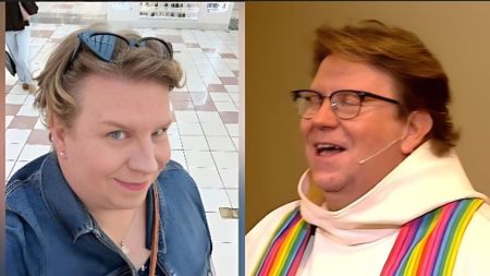 Side-by-side photos showing Reverend Phil Phaneuf; the left image shows her presenting as a woman with short blond hair, light makeup, and sunglasses on her head, while the right image shows her in clergy attire wearing glasses and a rainbow-coloured stole.