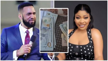 Composite collage featuring (left) Nigerian pastor Dr. Chris Okafor speaking into a microphone while wearing a blue suit and red tie; (center inset) stacks of U.S. dollar bills scattered on a surface; (right) Nigerian actress Doris Ogala smiling in a black polka-dot sleeveless top with button details.