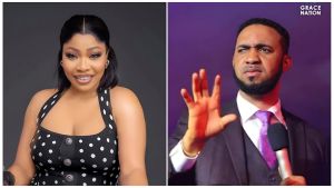 A split image featuring Nigerian actress Doris Ogala on the left, smiling and wearing a black and white polka dot top. On the right is Pastor Chris Okafor, looking serious and holding up his hand while speaking into a microphone.