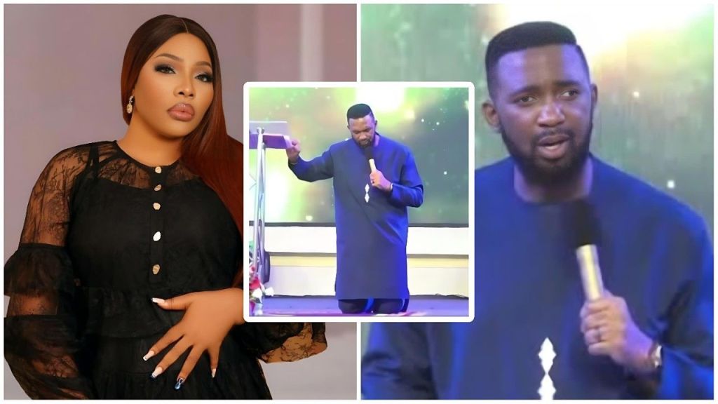 Composite collage featuring Nigerian actress Doris Ogala (left: posing in a black lace long-sleeve dress with button details and gold earrings against a neutral background) and Nigerian pastor Dr. Chris Okafor (center inset: preaching on stage in a blue traditional outfit holding a microphone and book; right: close-up speaking into a microphone in the same blue outfit with a colorful stage backdrop).