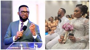 Split-image collage of Nigerian pastor Dr. Chris Okafor—left: speaking at a podium in a blue suit, white shirt, patterned tie, and glasses while holding a microphone; right: seated at a formal event (likely his wedding) in a white suit beside his wife in an ornate white lace gown holding a bouquet of pink roses, both looking forward.