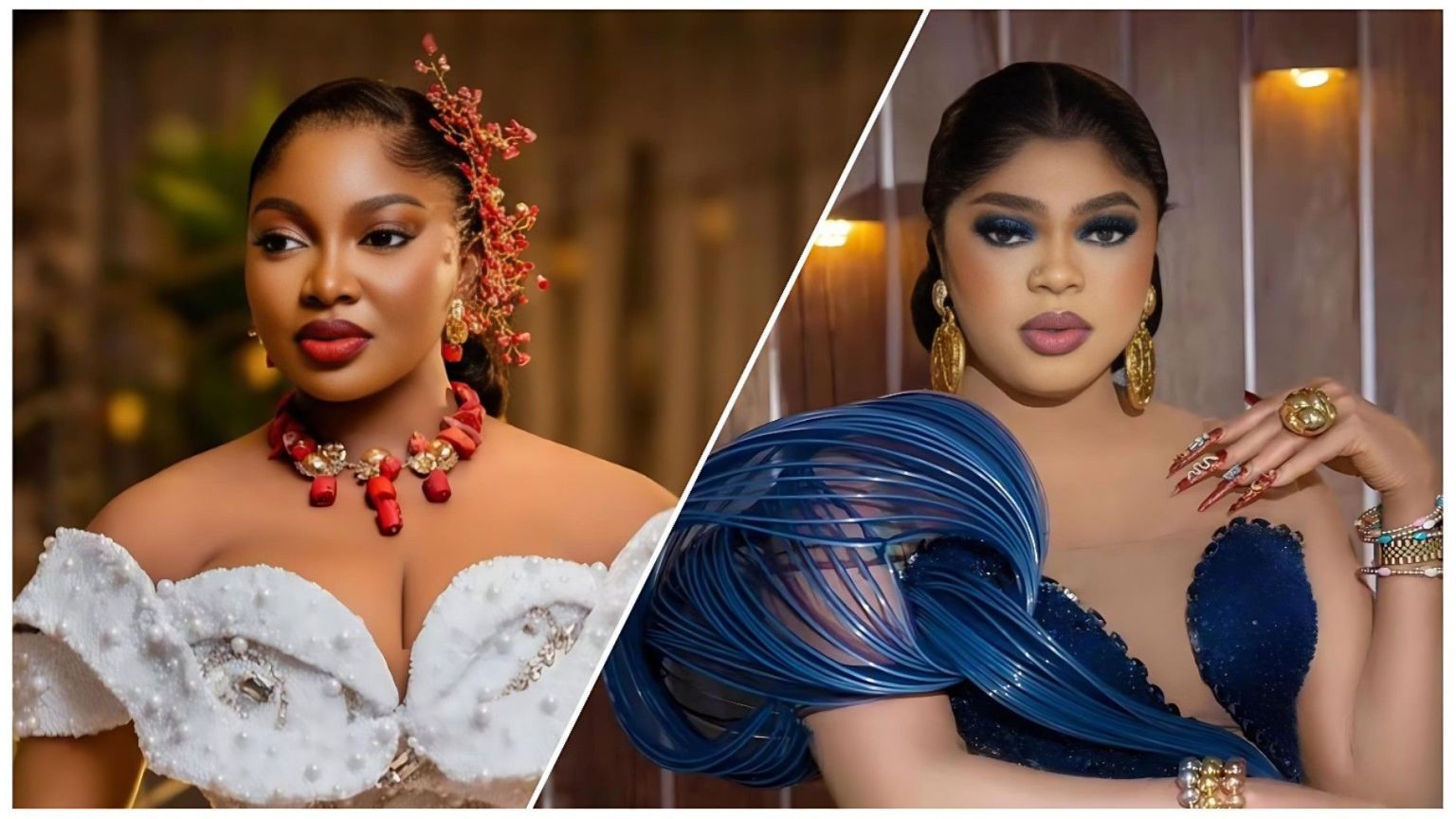 A split-screen image featuring Nigerian celebrities Papaya Ex (Abike Halima Raheem) in a white pearl-embellished gown with red coral jewelry, and Bobrisky (Okuneye Idris Olanrewaju) in a blue avant-garde outfit with bold makeup and gold accessories.