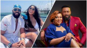 A split-image collage showing Peggy Ovire and Fredrick Leonard. On the left, the couple smiles while sitting outdoors near the ocean, dressed in casual vacation outfits. On the right, they pose in a formal studio portrait, with Peggy in a blue dress and Fredrick in a red suit.