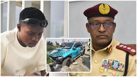 A composite image featuring three elements. On the left is TikTok star Peller, looking down intently while wearing a white shirt and black futuristic goggles pushed up onto his forehead. In the center is a small inset photo of his heavily damaged, turquoise and black patterned Mercedes Benz SUV after a crash. On the right is a high-ranking man in an official brown and maroon uniform (identified as an FRSC official), wearing glasses and looking seriously at the camera.