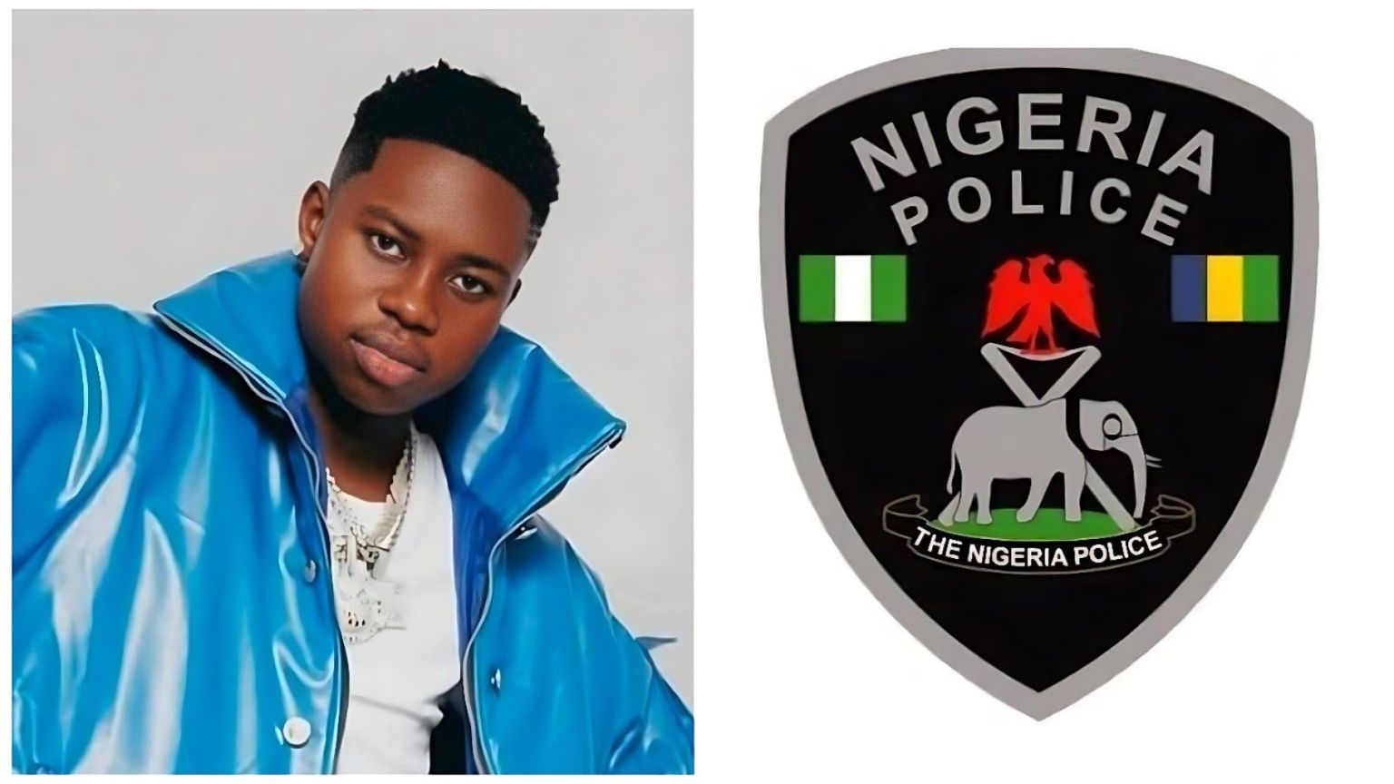 A composite image featuring two main sections. On the left is the official logo of the Nigeria Police Force, which features a blue background with a golden eagle, a star, and a shield with crossed staves. On the right is a portrait of TikTok creator Peller, who is wearing a white dress shirt and looking towards the camera with a neutral expression.