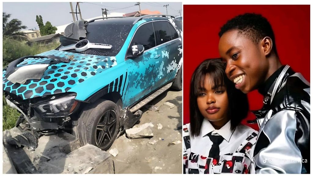 A split image featuring a heavily damaged turquoise and black patterned Mercedes Benz SUV on the left, which appears to have crashed into a concrete barrier. On the right, a portrait of two young people, Peller, a male, smiling widely, and Jarvis, a female, with a serious expression, both wearing matching white shirts and black ties.