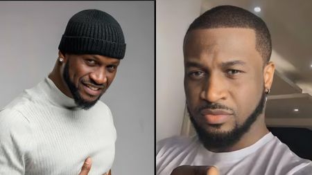 Side-by-side photos of Nigerian singer Peter Okoye; the left image shows him smiling in a white ribbed top and black beanie, while the right image shows a close-up selfie of him with a clean haircut, trimmed beard, and serious expression.