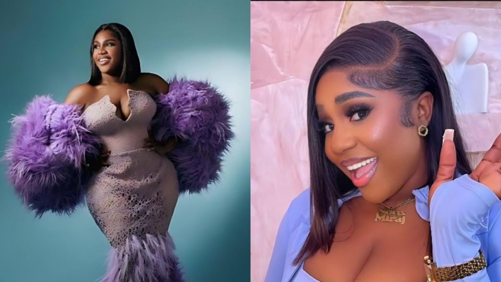 A full-body portrait of influencer Nons Minaj wearing a fitted lilac lace gown with dramatic purple feather sleeves and hem, posing confidently against a teal studio backdrop.