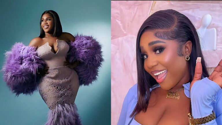 A full-body portrait of influencer Nons Minaj wearing a fitted lilac lace gown with dramatic purple feather sleeves and hem, posing confidently against a teal studio backdrop.