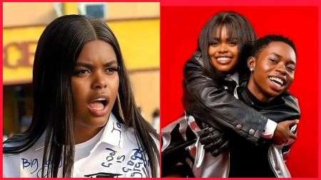 A split image featuring social media personalities. On the left, a close-up of Jarvis (a female), wearing a white shirt and looking concerned with her mouth open. On the right, Jarvis is giving a piggyback ride to Peller (a male), both smiling brightly while wearing matching black leather jackets and black pants against a red background.