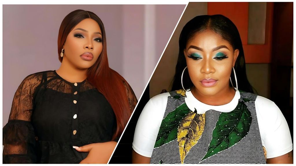 A split image featuring two Nigerian actresses. On the left is Doris Ogala, looking seriously at the camera with long auburn hair and wearing a black lace-detailed top. On the right is Angela Okorie, looking downward with a neutral expression; she has vibrant green eyeshadow and large silver hoop earrings, wearing a white t-shirt under a patterned green and yellow leaf-design vest.