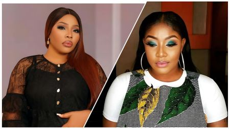 A split image featuring two Nigerian actresses. On the left is Doris Ogala, looking seriously at the camera with long auburn hair and wearing a black lace-detailed top. On the right is Angela Okorie, looking downward with a neutral expression; she has vibrant green eyeshadow and large silver hoop earrings, wearing a white t-shirt under a patterned green and yellow leaf-design vest.