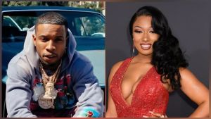 A split-panel image of two prominent rappers. On the left is Tory Lanez (Daystar Peterson), pictured in a courtroom setting wearing a pink suit and patterned tie, with his hair styled in short twists. On the right is Megan Thee Stallion (Megan Pete), wearing a blue monochromatic suit and silver jewelry, appearing poised while arriving at a judicial hearing.