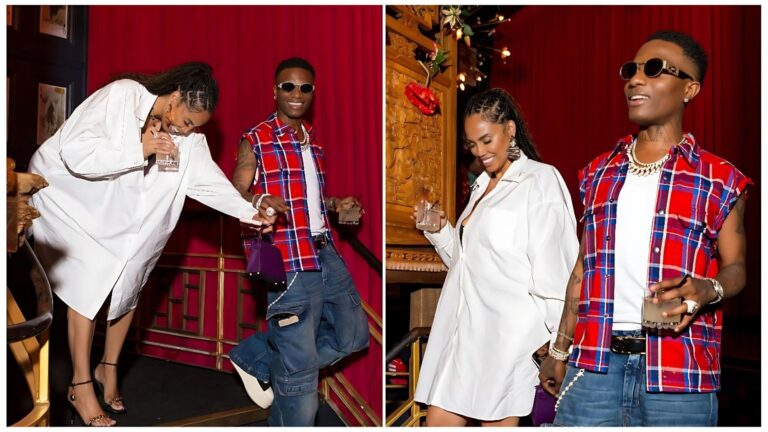 Split-image collage of Nigerian singer Wizkid and his partner/manager Jada Pollock—left: Jada in a white oversized shirt dress leaning toward Wizkid as they share a drink, he in a red-blue plaid sleeveless shirt, cargo jeans, and sunglasses; right: both smiling side-by-side holding drinks in a warmly lit venue with red curtains and ornate decor.