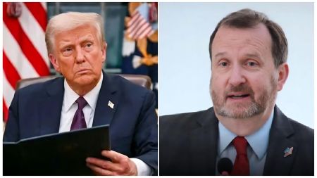 Split-image collage featuring (left) U.S. President Donald Trump seated in a formal setting holding a folder, wearing a dark suit and purple tie with American flags in the background; (right) U.S. Ambassador to Nigeria Richard Mills speaking at a podium with microphones, wearing a dark suit, light blue shirt, red tie, and a small pin.