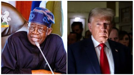 Split-image collage featuring (left) Nigerian President Bola Tinubu speaking into a microphone while wearing traditional dark blue attire and matching embroidered cap, seated in a formal setting with flags in the background; (right) U.S. President Donald Trump in a dark suit with red tie and American flag pin, looking serious in an indoor venue with people blurred behind him.