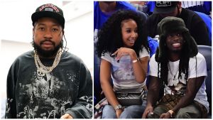 Split-image collage featuring (left) DJ Akademiks in a black "AKADEMY" cap, black graphic sweatshirt with white splatter design, and thick gold chains against a plain background; (right) Kai Cenat (with long dreadlocks under a large black furry hat, white T-shirt, silver chains, and tattoos) smiling next to Gabrielle (curly dark hair, white graphic T-shirt, holding a designer handbag) courtside at a basketball game with spectators in blue shirts behind them.