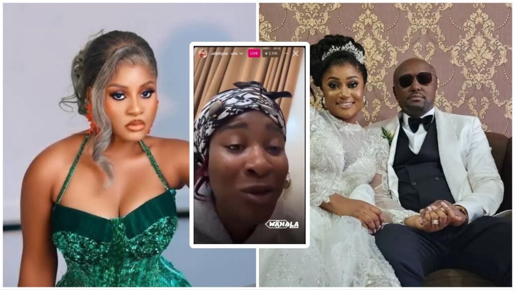 A collage showing BBNaija star Phyna in a green dress, a screenshot of her speaking during an Instagram Live session, and a wedding photo of Sheila Courage and her ex-husband Isreal DMW seated together in formal attire.