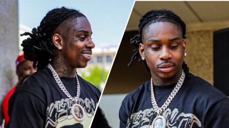 Two side-by-side photos of rapper Polo G outdoors, wearing a black graphic T-shirt and a thick silver chain, with his hair styled in braids. In the left image he is smiling and looking to the side, while in the right image he looks down with a calm expression.