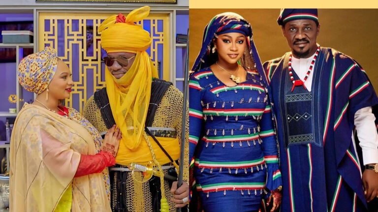 A collage showing Prince Ibrahim Hassan Abdullahi with his new wife. The left image shows the couple in traditional northern attire, with the prince wearing a yellow turban and holding a sword, while the bride smiles at him in a patterned hijab and gown. The right image shows the bride and the prince standing together in coordinated blue, red, and green traditional outfits.