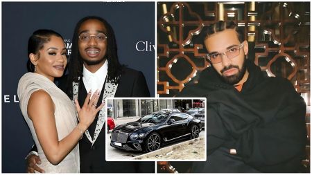 Composite collage featuring (top left) former couple rapper Quavo and Saweetie posing together at a formal event—she in a cream draped gown raising her hand to show a ring, he in a black suit with patterned lapels; (top right) rapper Drake in clear-framed glasses and a black hoodie against an ornate mirrored wall; (bottom center inset) a black Bentley Continental GT luxury car parked on the street.