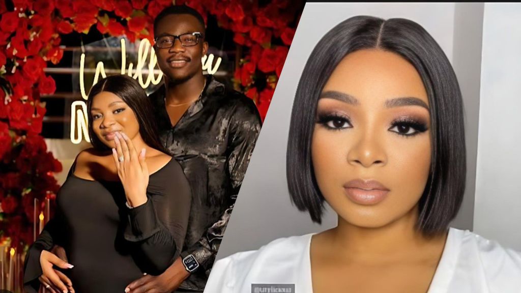 Queen Mercy Atang poses with her estranged husband David Oyekanmi during their engagement celebration, surrounded by red roses, while a second close-up image shows Queen Mercy wearing soft glam makeup and a sleek bob hairstyle.