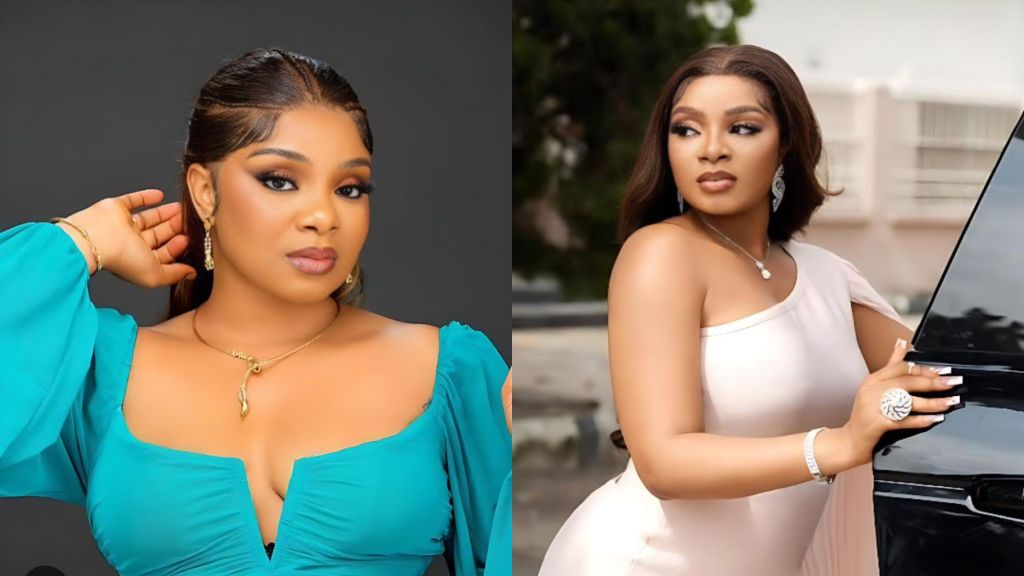Side-by-side portrait photos of BBNaija star Queen Mercy Atang. In the first image, she wears a teal dress with gold jewellery, styled with sleek hair and soft glam makeup. In the second image, she poses beside a black car in a white one-shoulder gown, wearing silver accessories and natural glam makeup.