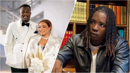 A split-image showing BBNaija star Queen Mercy Atang and her husband David Oyekanmi dressed in white wedding outfits on the left, and her baby daddy Lord Lamba sitting in a room with bookshelves behind him on the right.