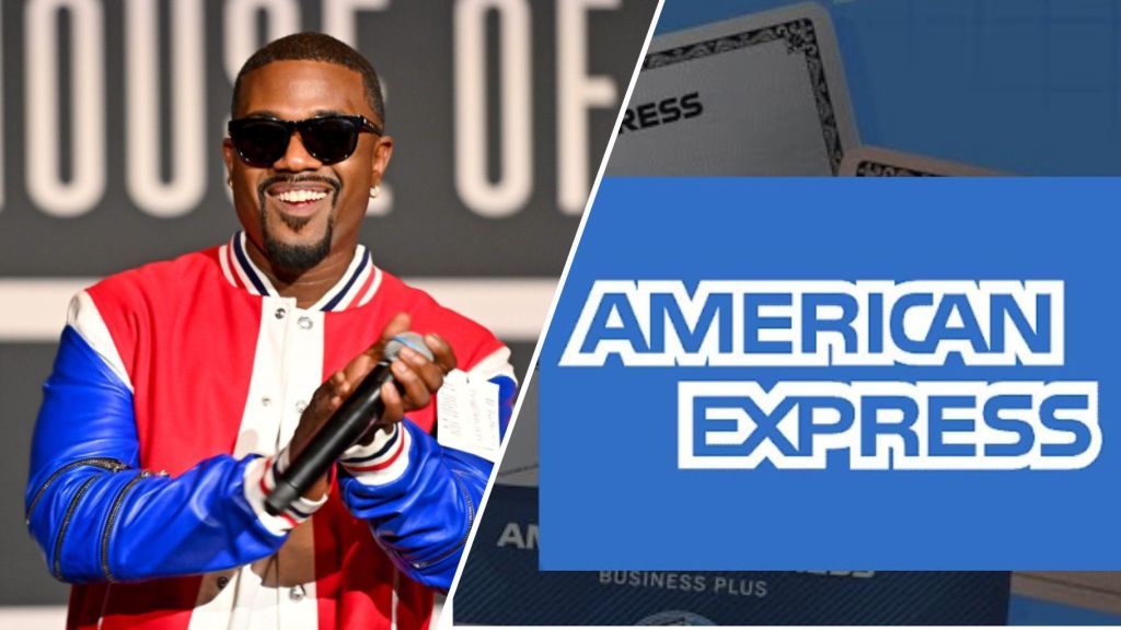 Ray J smiling in a colourful jacket while holding a microphone, placed beside an American Express logo graphic.