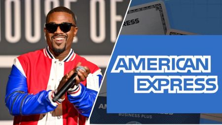 Ray J smiling in a colourful jacket while holding a microphone, placed beside an American Express logo graphic.