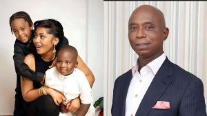 A split-image collage: On the left, Nigerian actress Regina Daniels smiling warmly while holding her two young sons, Munir (older, with braided hair) and Khalifa (younger, in a white outfit); on the right, a formal portrait of Nigerian politician and senator Ned Nwoko in a dark suit with a pink pocket square.