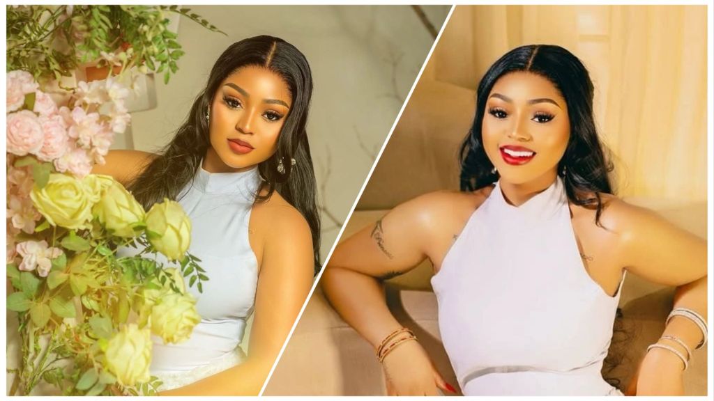 Collage of two portraits of Nigerian actress Regina Daniels wearing a sleeveless white outfit; she poses beside soft floral arrangements in one photo and smiles brightly while seated in the other.