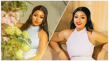 Collage of two portraits of Nigerian actress Regina Daniels wearing a sleeveless white outfit; she poses beside soft floral arrangements in one photo and smiles brightly while seated in the other.