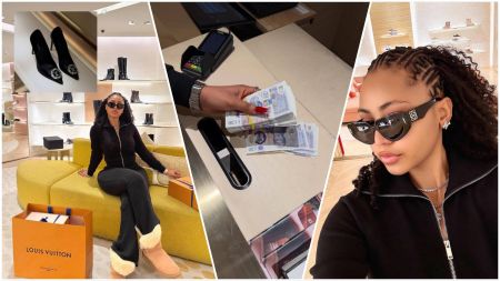 A collage showing Regina Daniels shopping in a luxury boutique. The images include her posing on a yellow couch beside Louis Vuitton shopping bags, holding a stack of £20 notes at a payment counter, wearing dark sunglasses with braided hair, and a close-up of black designer heels displayed on a shelf.