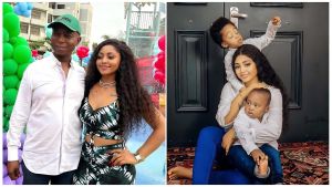 A split image featuring actress Regina Daniels and her family. On the left, Regina Daniels is standing close to her husband, politician and businessman Ned Nwoko; she is wearing a crop top and skirt with a tropical print, and he is wearing a white shirt and a green baseball cap. On the right, Regina Daniels is sitting down with her two young sons, Munir and Khalifa, who are both wearing white shirts and dark pants.