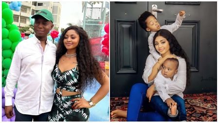 A split image featuring actress Regina Daniels and her family. On the left, Regina Daniels is standing close to her husband, politician and businessman Ned Nwoko; she is wearing a crop top and skirt with a tropical print, and he is wearing a white shirt and a green baseball cap. On the right, Regina Daniels is sitting down with her two young sons, Munir and Khalifa, who are both wearing white shirts and dark pants.